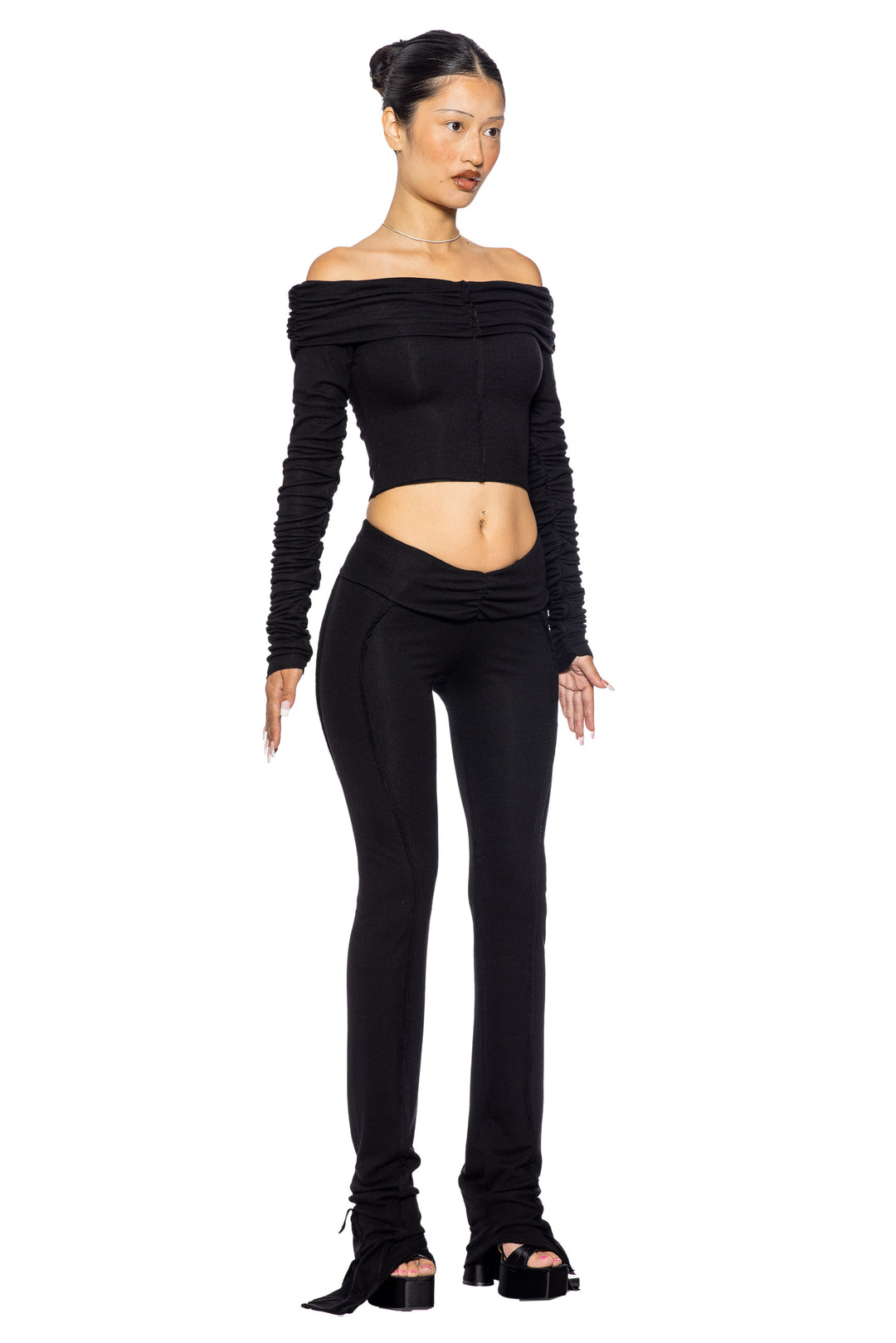 FOLD OVER SHIRRED LONG SLEEVE TOP IN BLACK ECO RIB