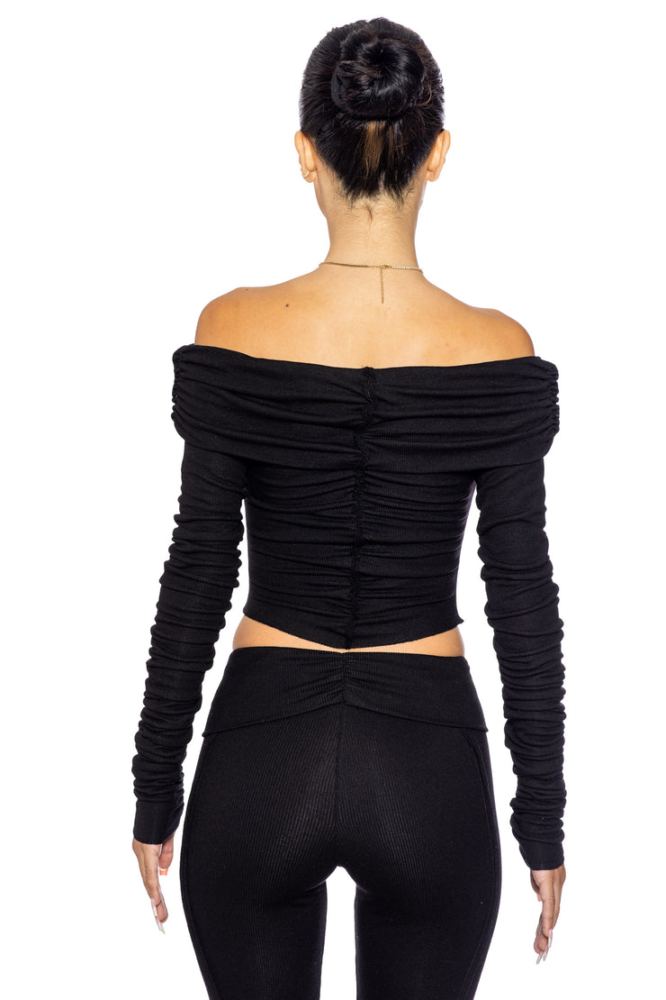 FOLD OVER SHIRRED LONG SLEEVE TOP IN BLACK ECO RIB