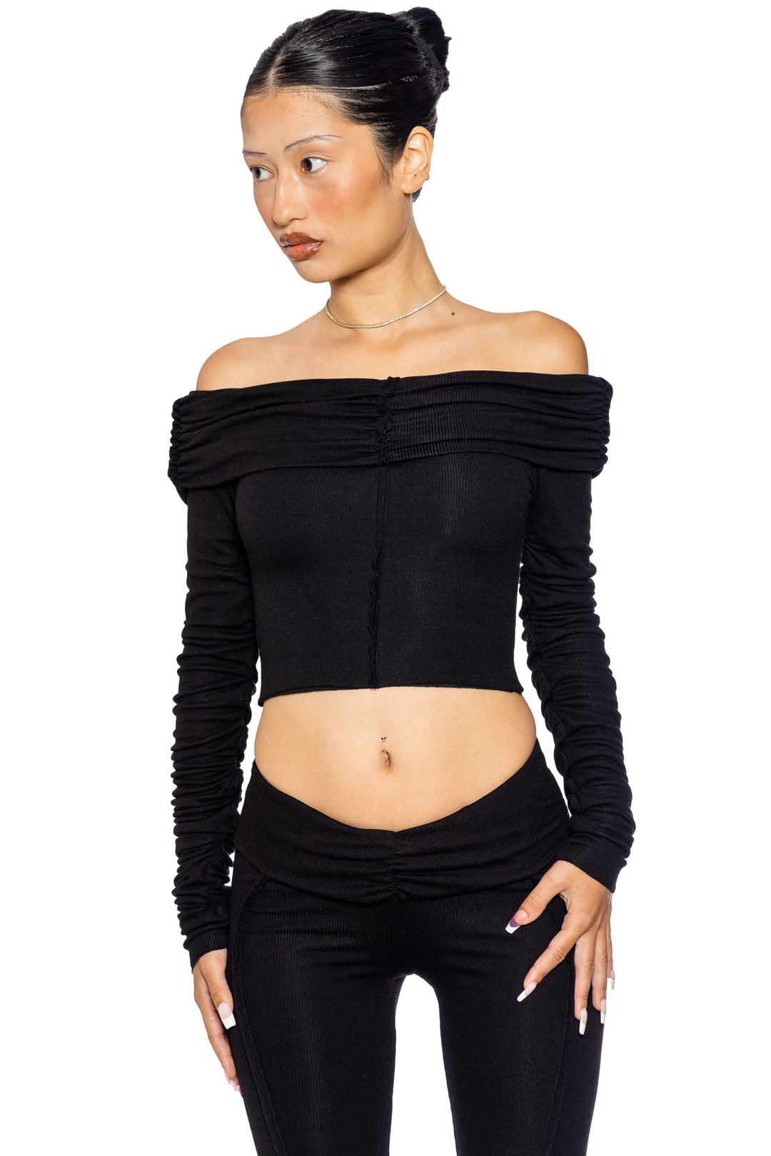 FOLD OVER SHIRRED LONG SLEEVE TOP IN BLACK ECO RIB