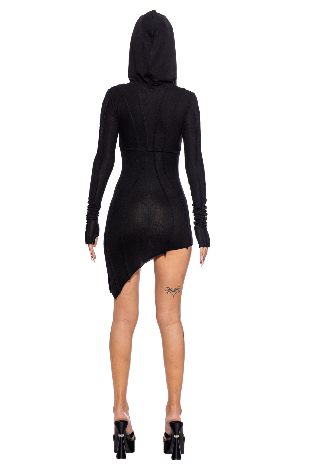 ASYMMETRIC OPEN SEAM ZIP HOODED DRESS IN BLACK ECO RIB