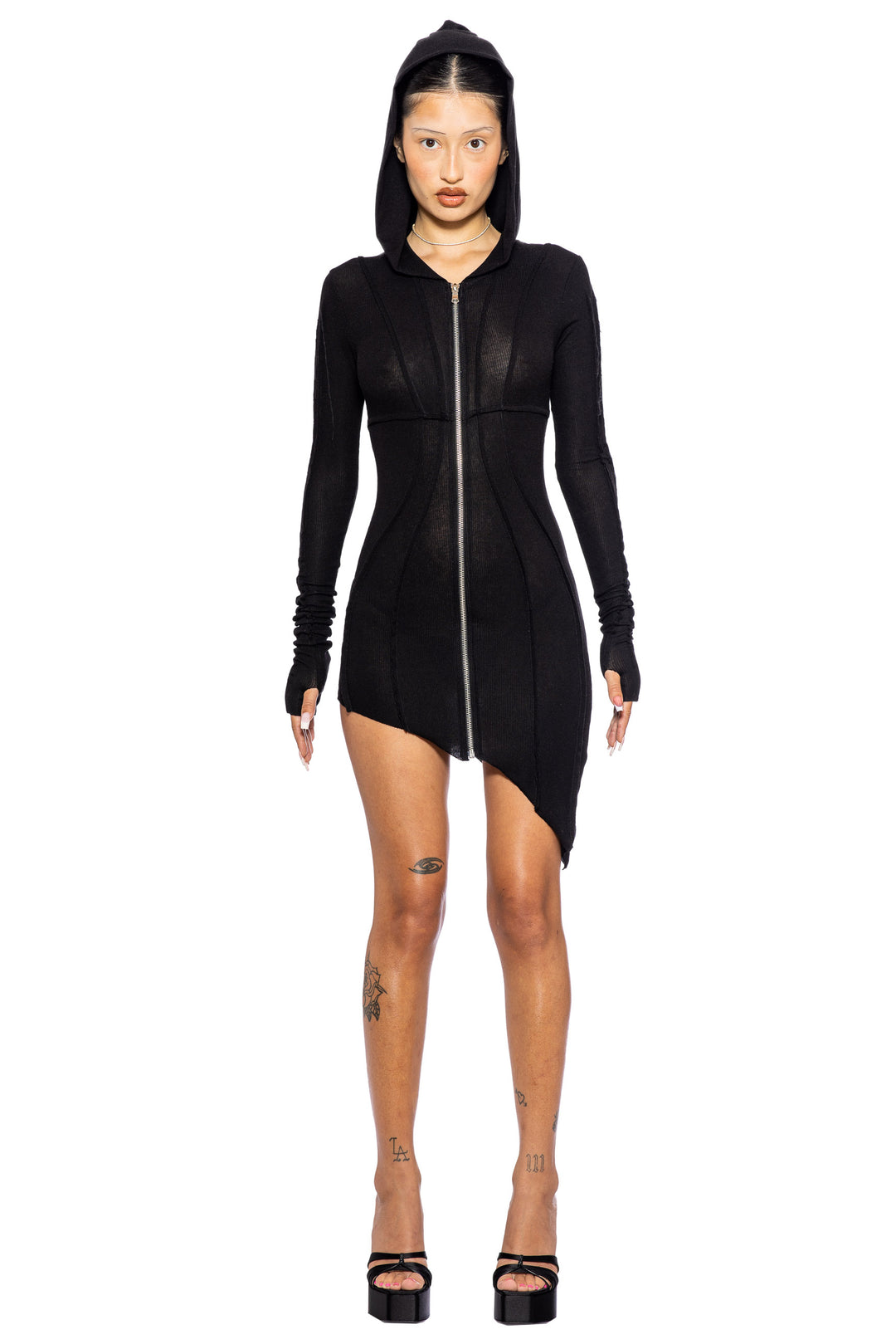 ASYMMETRIC OPEN SEAM ZIP HOODED DRESS IN BLACK ECO RIB