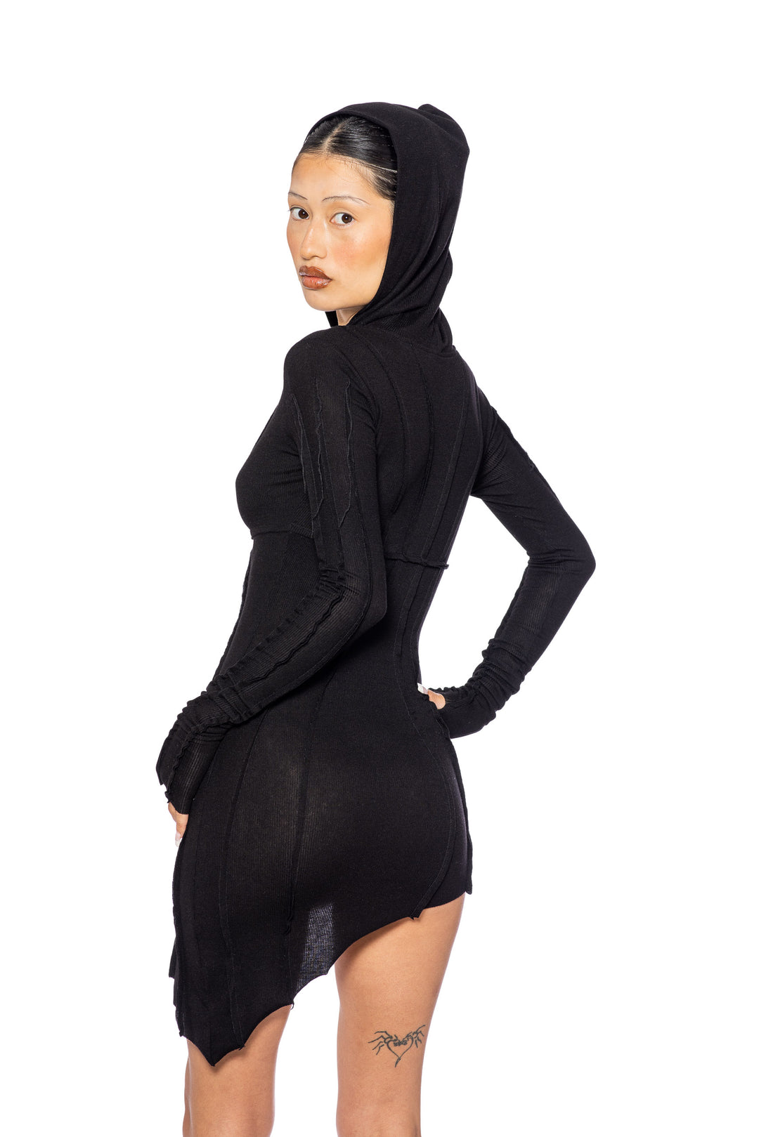 ASYMMETRIC OPEN SEAM ZIP HOODED DRESS IN BLACK ECO RIB