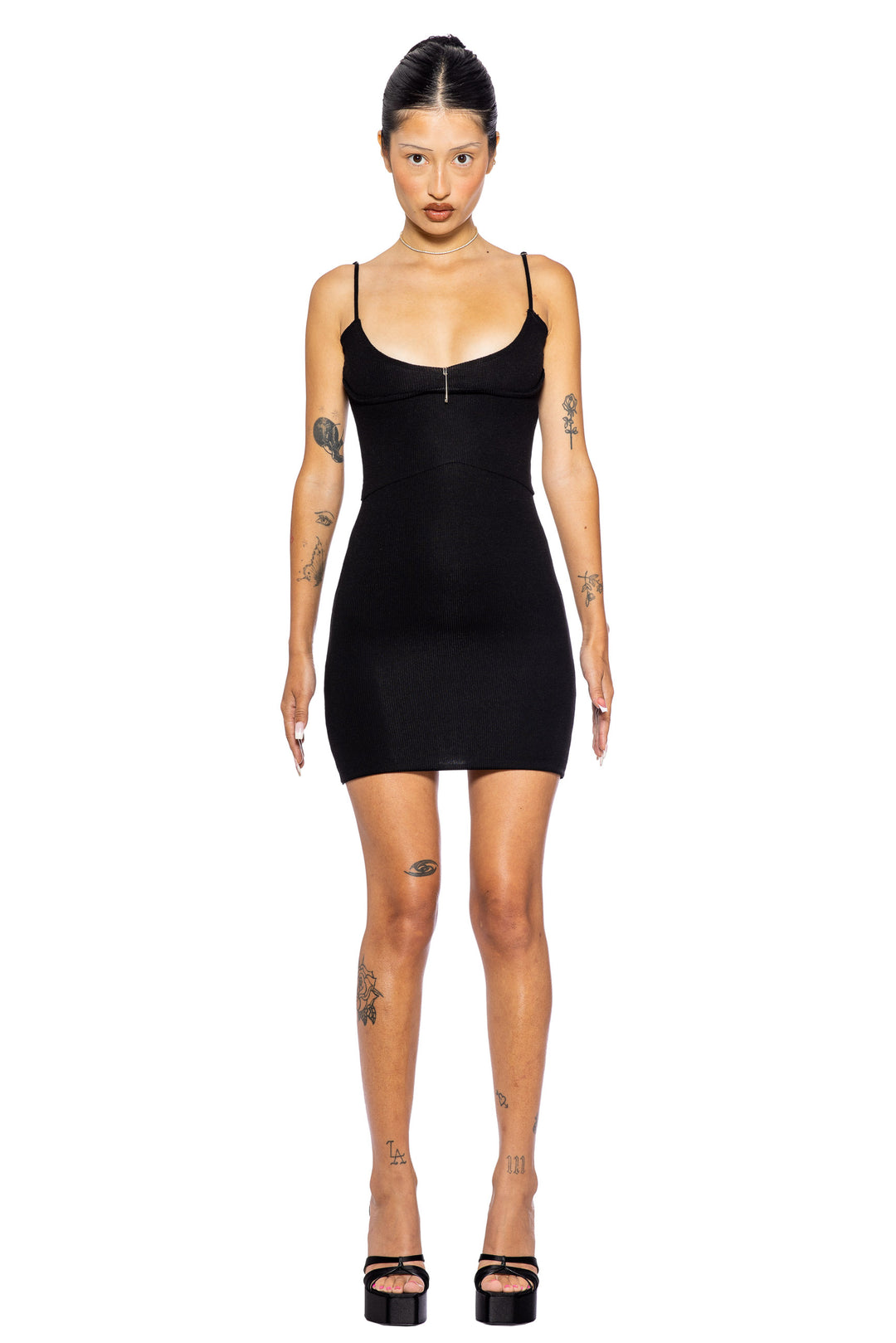 LOW BACK DOUBLE LAYER TANK DRESS IN BLACK ECO RIB