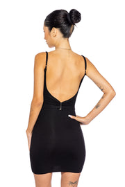 LOW BACK DOUBLE LAYER TANK DRESS IN BLACK ECO RIB