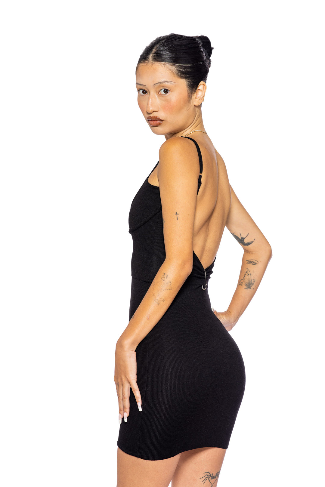 LOW BACK DOUBLE LAYER TANK DRESS IN BLACK ECO RIB