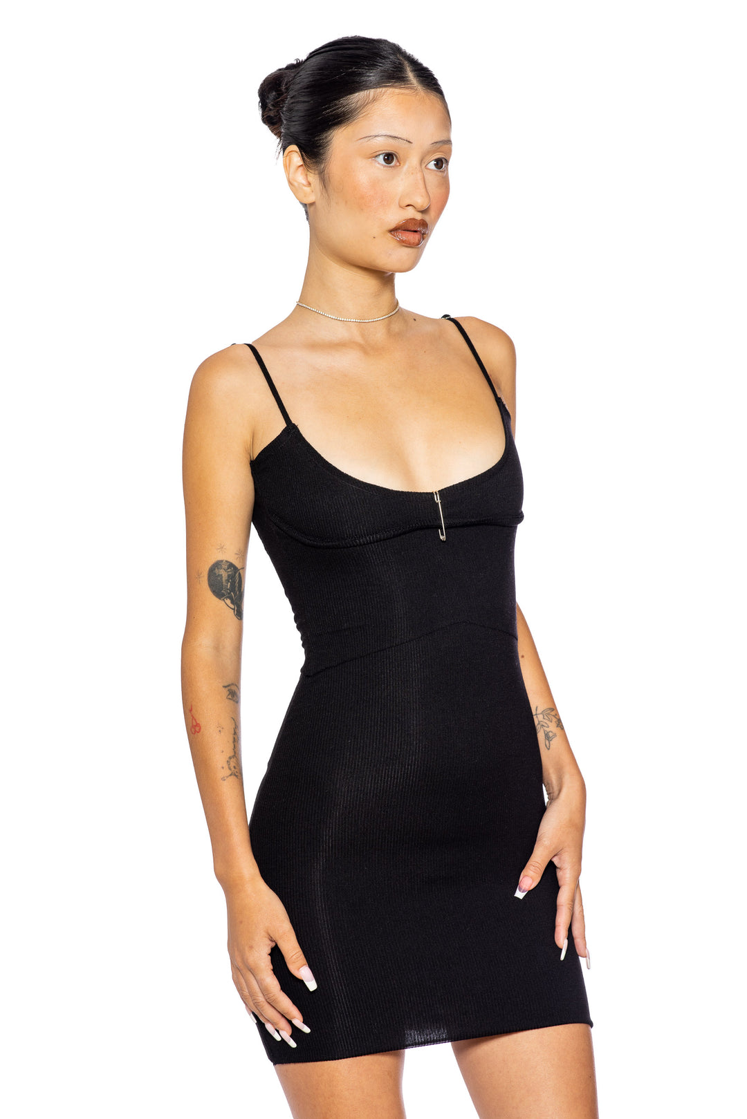 LOW BACK DOUBLE LAYER TANK DRESS IN BLACK ECO RIB