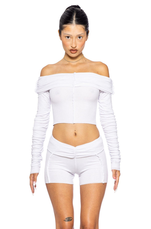 FOLD OVER SHIRRED LONG SLEEVE TOP IN WHITE ECO RIB