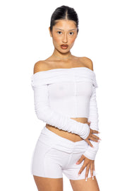 FOLD OVER SHIRRED LONG SLEEVE TOP IN WHITE ECO RIB