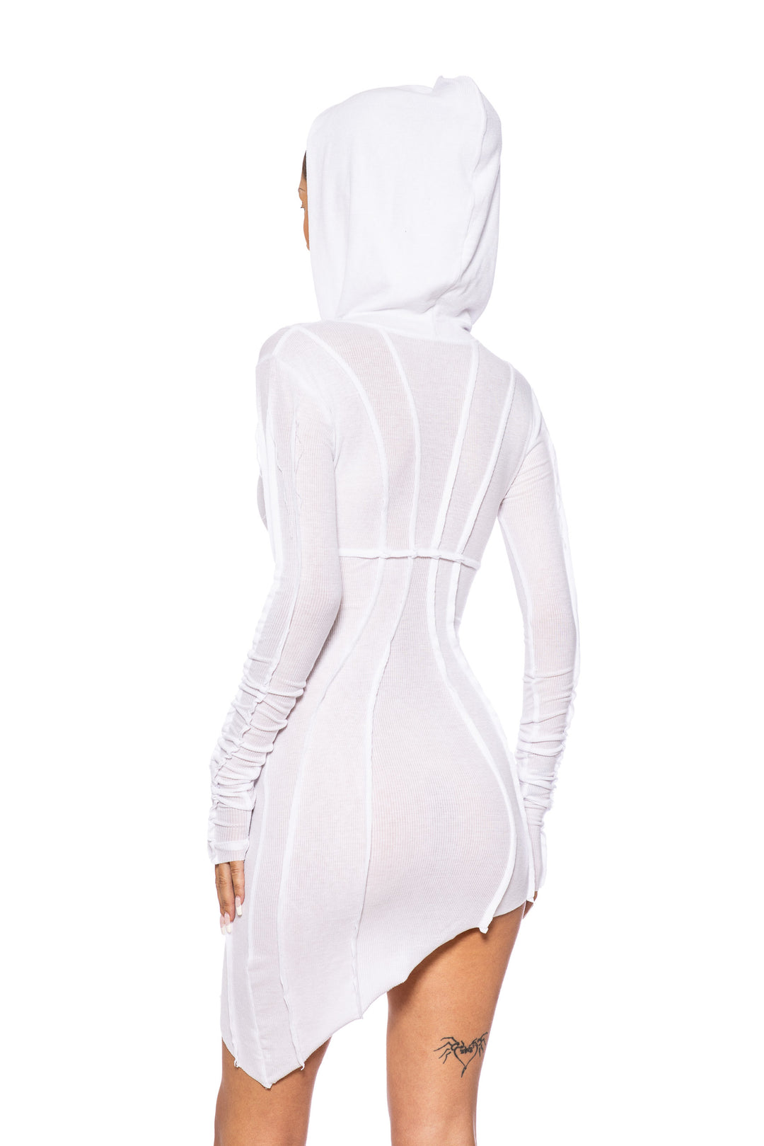 ASYMMETRIC OPEN SEAM ZIP HOODIE DRESS IN WHITE ECO RIB