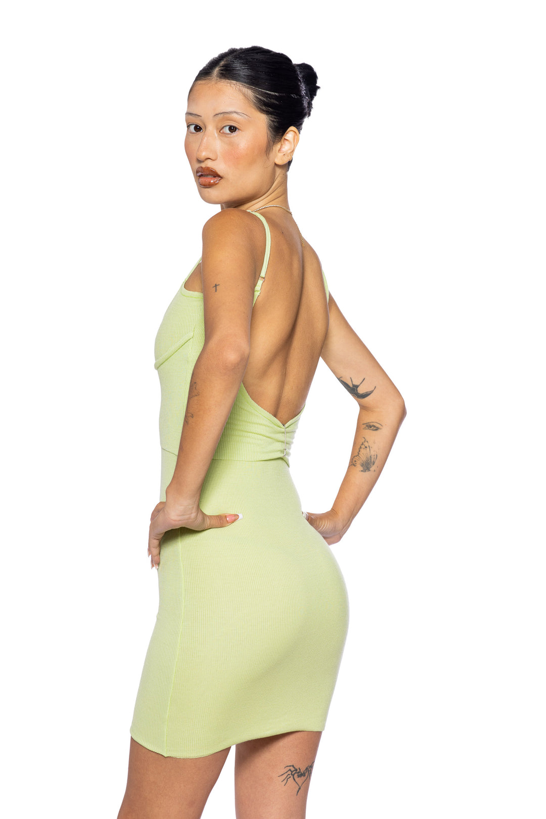 LOW BACK DOUBLE LAYER TANK DRESS IN MATCHA ECO RIB