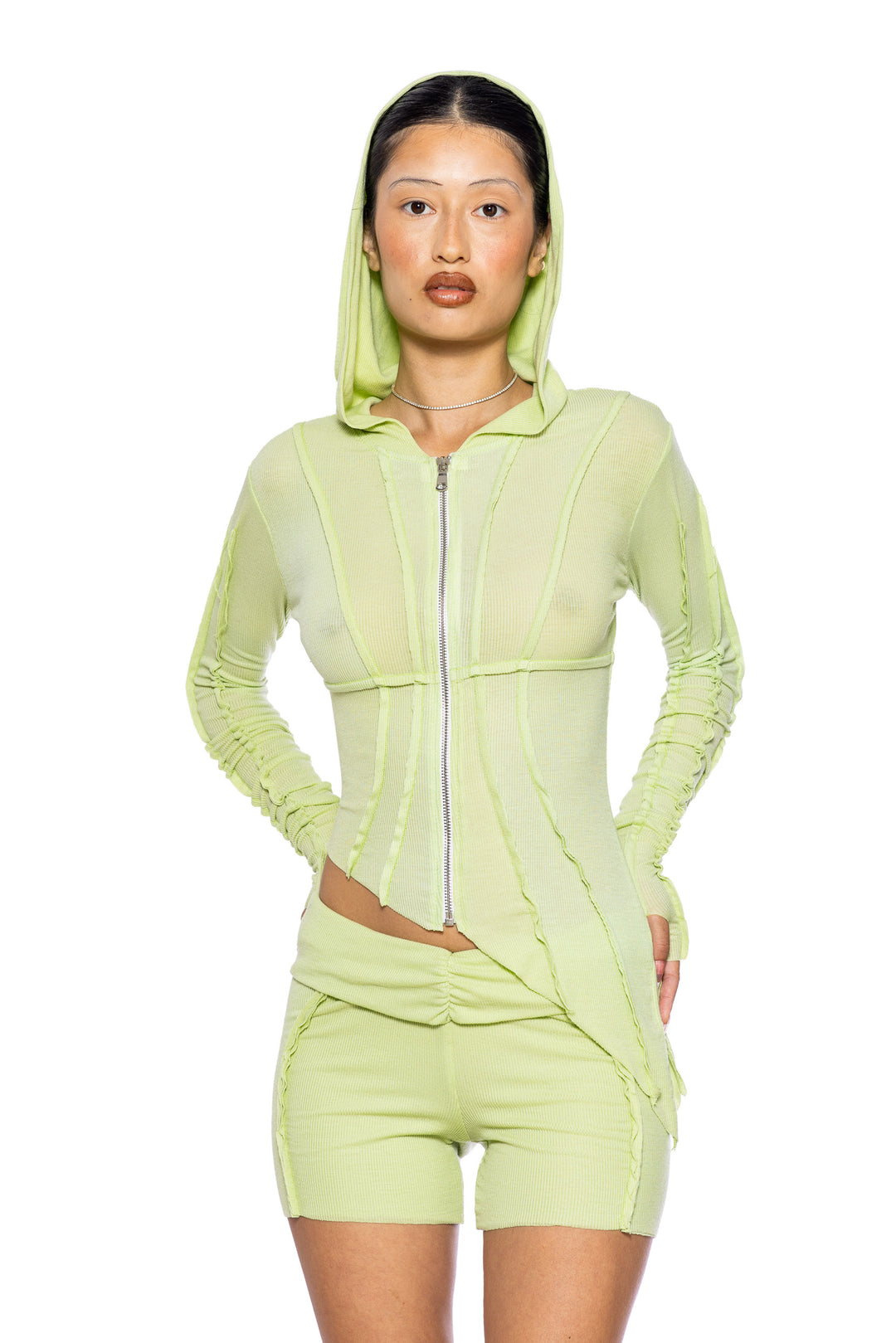 ASYMMETRIC OPEN SEAM ZIP HOODIE IN MATCHA ECO RIB