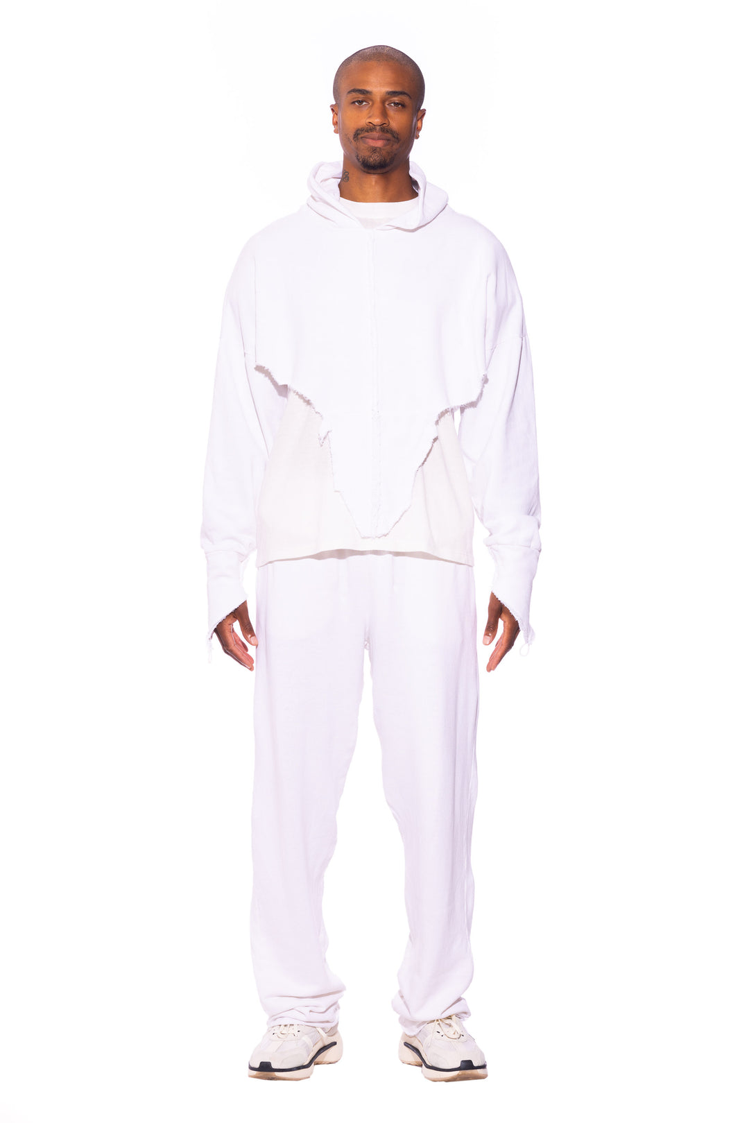 V CUT HOODIE IN WHITE TERRY