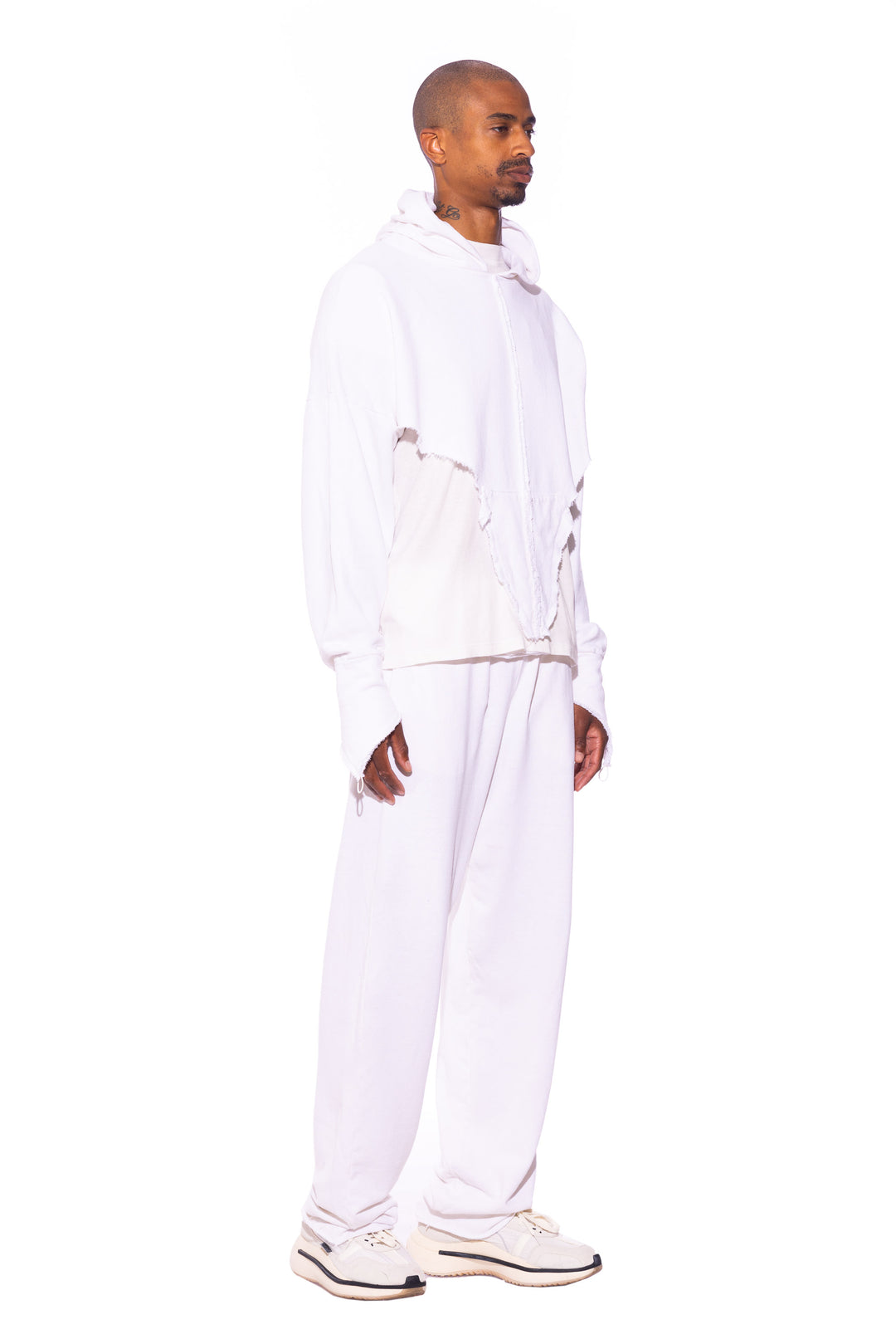 V CUT HOODIE IN WHITE TERRY