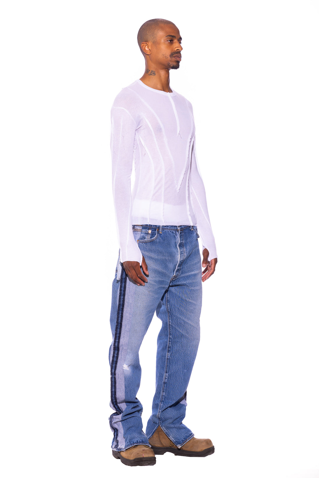 OPEN SEAM LONG SLEEVE TEE IN WHITE RIB