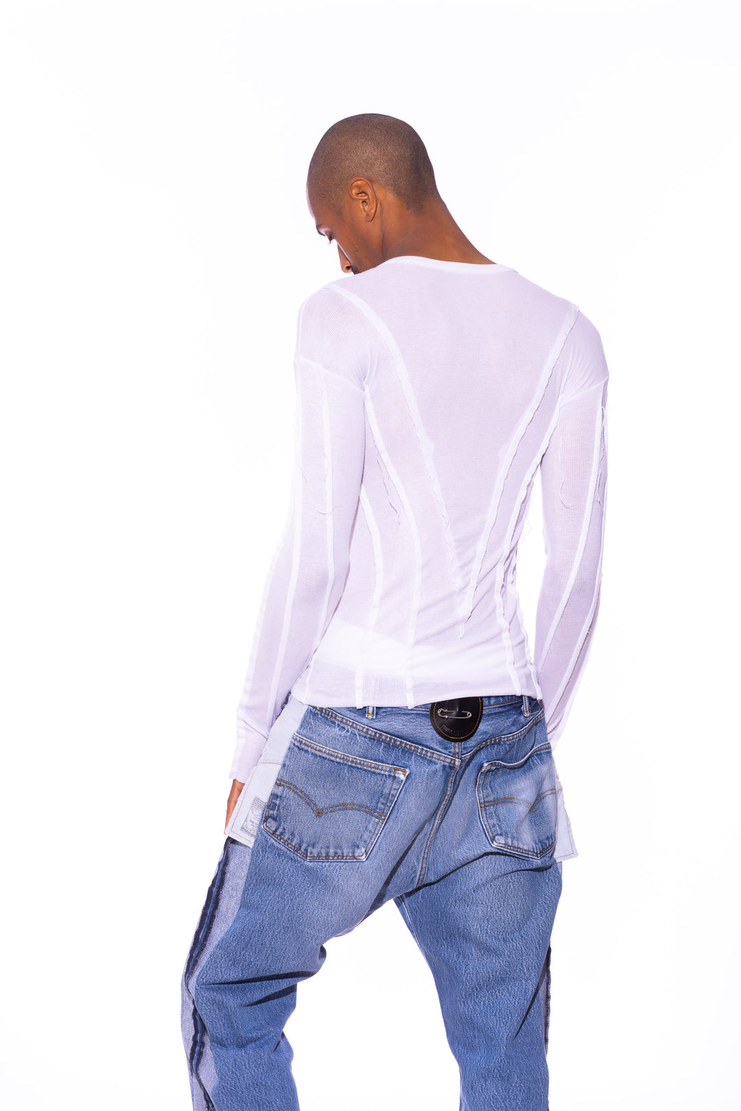 OPEN SEAM LONG SLEEVE TEE IN WHITE RIB