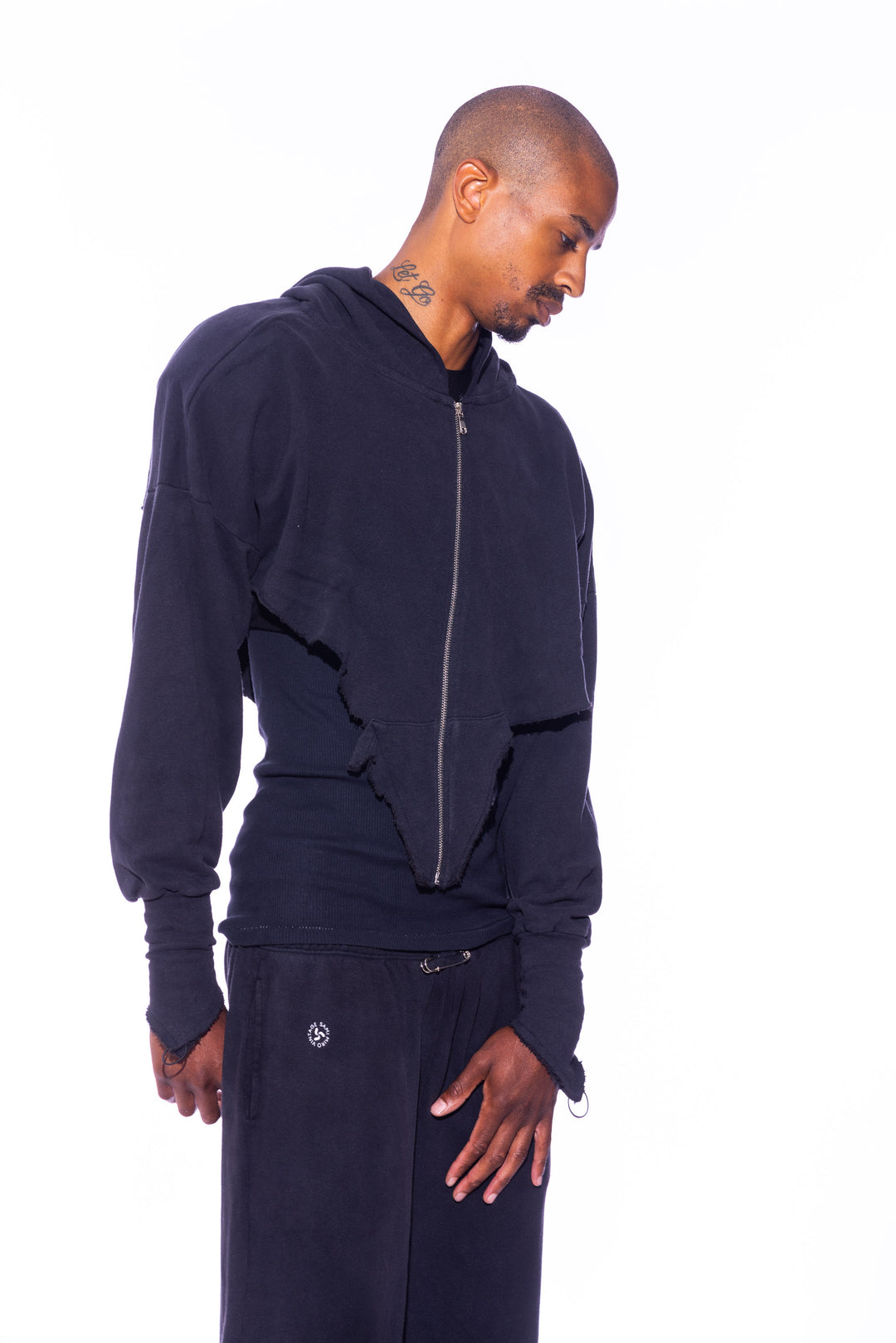 V CUT ZIP-UP HOODIE IN BLACK TERRY