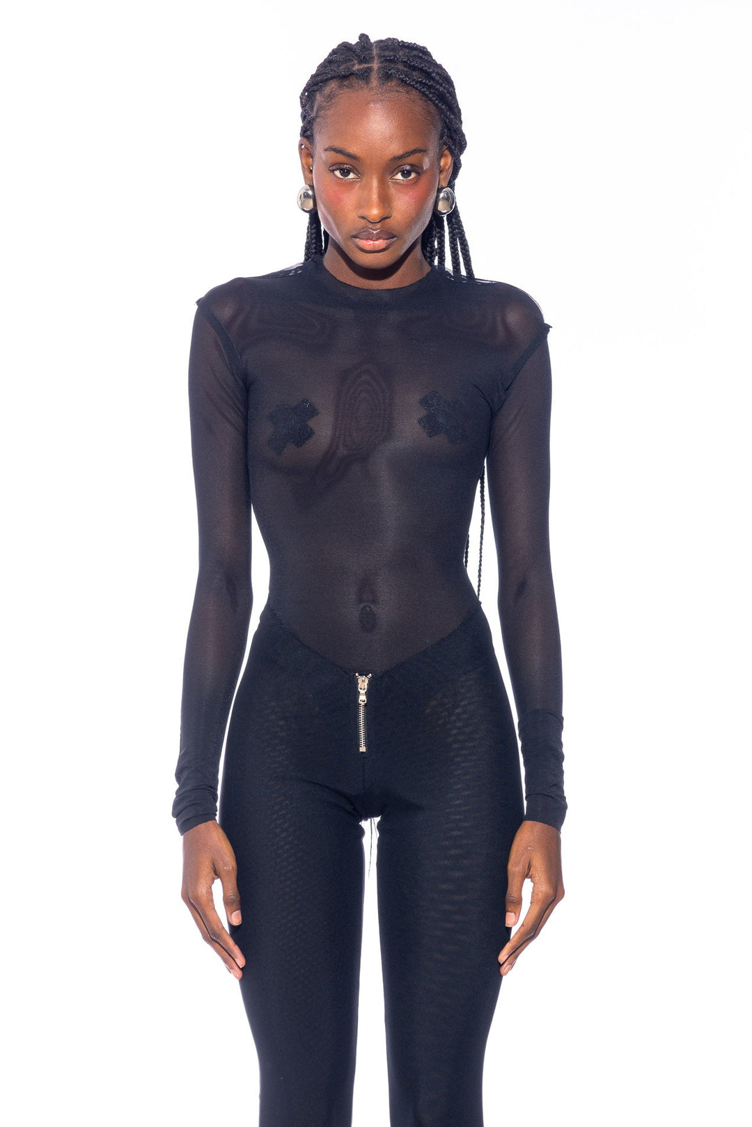 RAW CREWNECK BODYSUIT IN BLACK ECO MESH