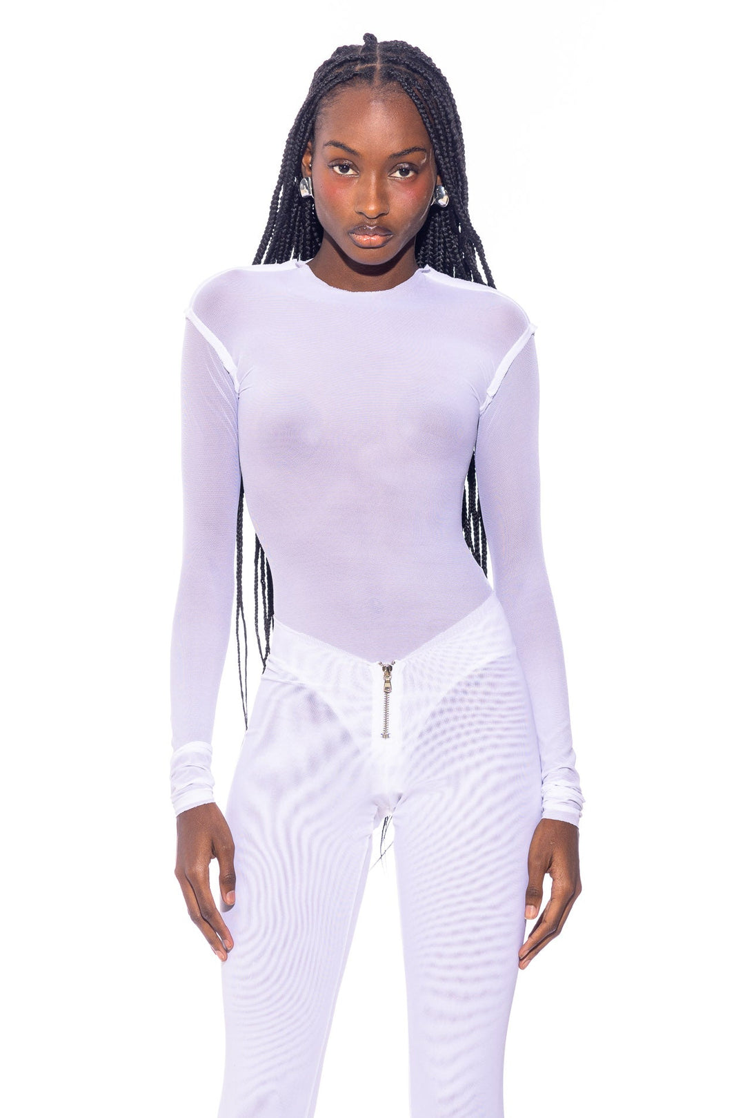RAW CREWNECK BODYSUIT IN WHITE ECO MESH