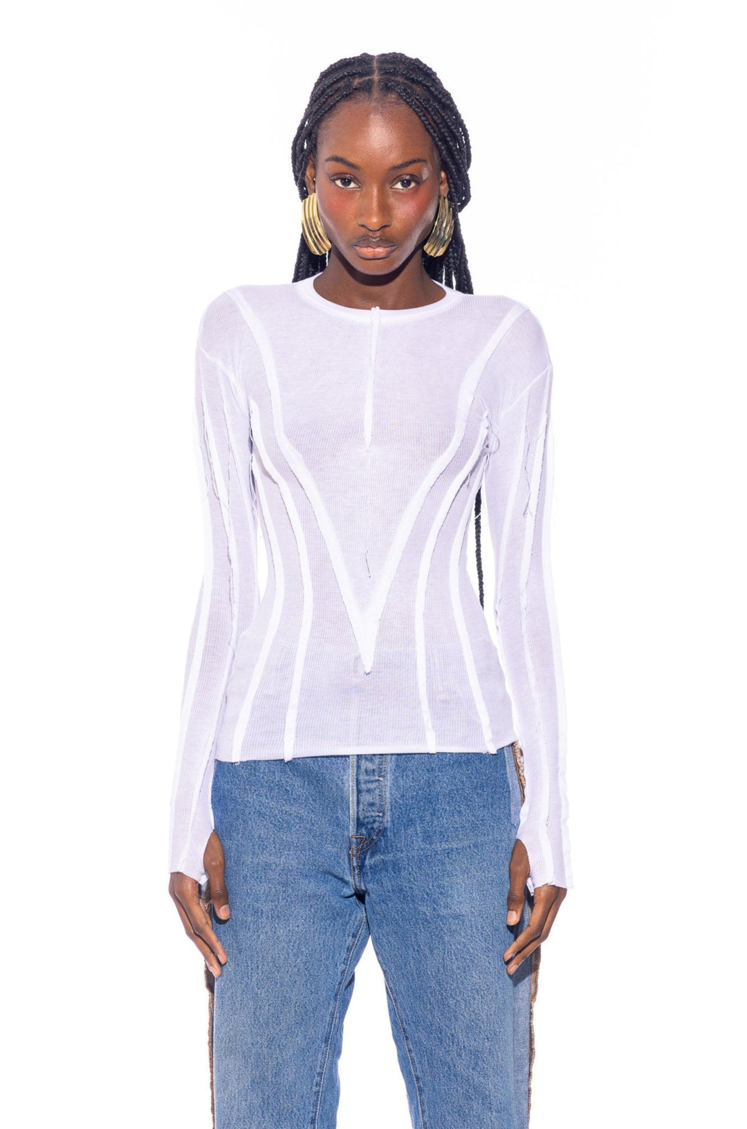 OPEN SEAM LONG SLEEVE TEE IN WHITE RIB