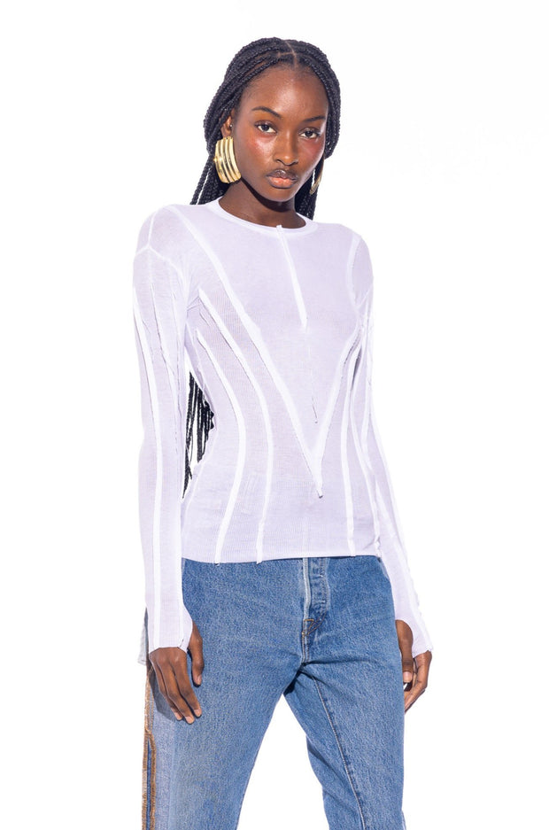 OPEN SEAM LONG SLEEVE TEE IN WHITE RIB