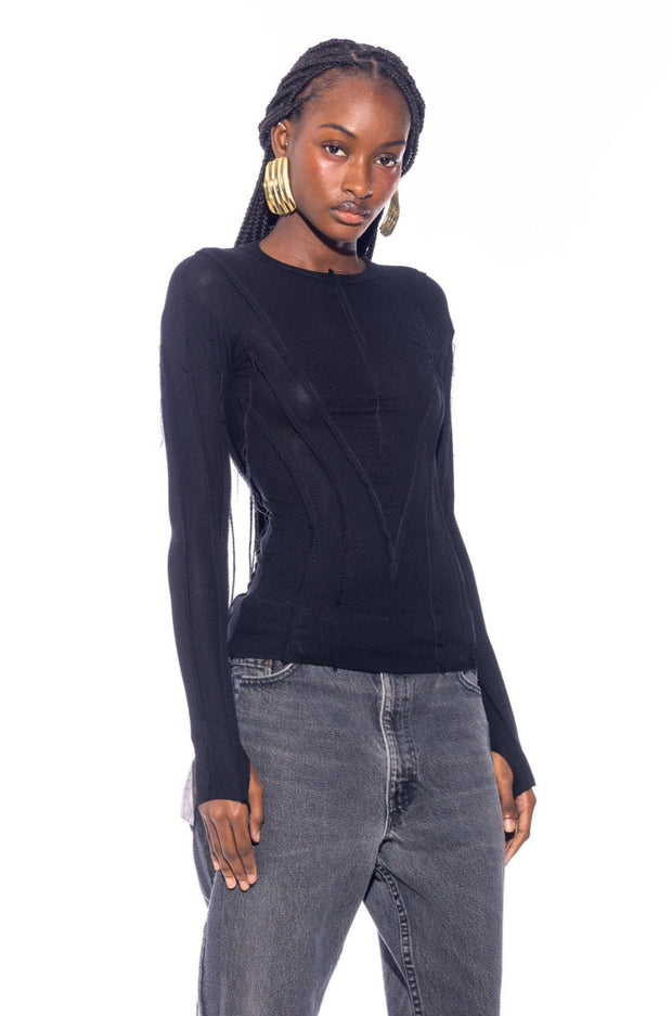 OPEN SEAM LONG SLEEVE TEE IN BLACK RIB