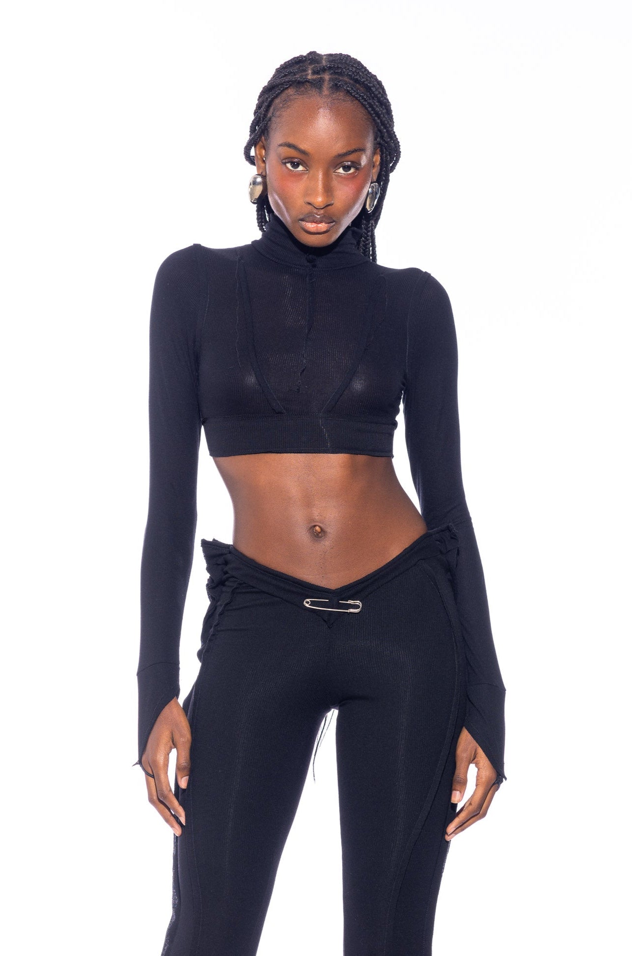 Sami Miro Vintage - OPEN SEAM HIGH NECK CROP TOP IN BLACK RIB