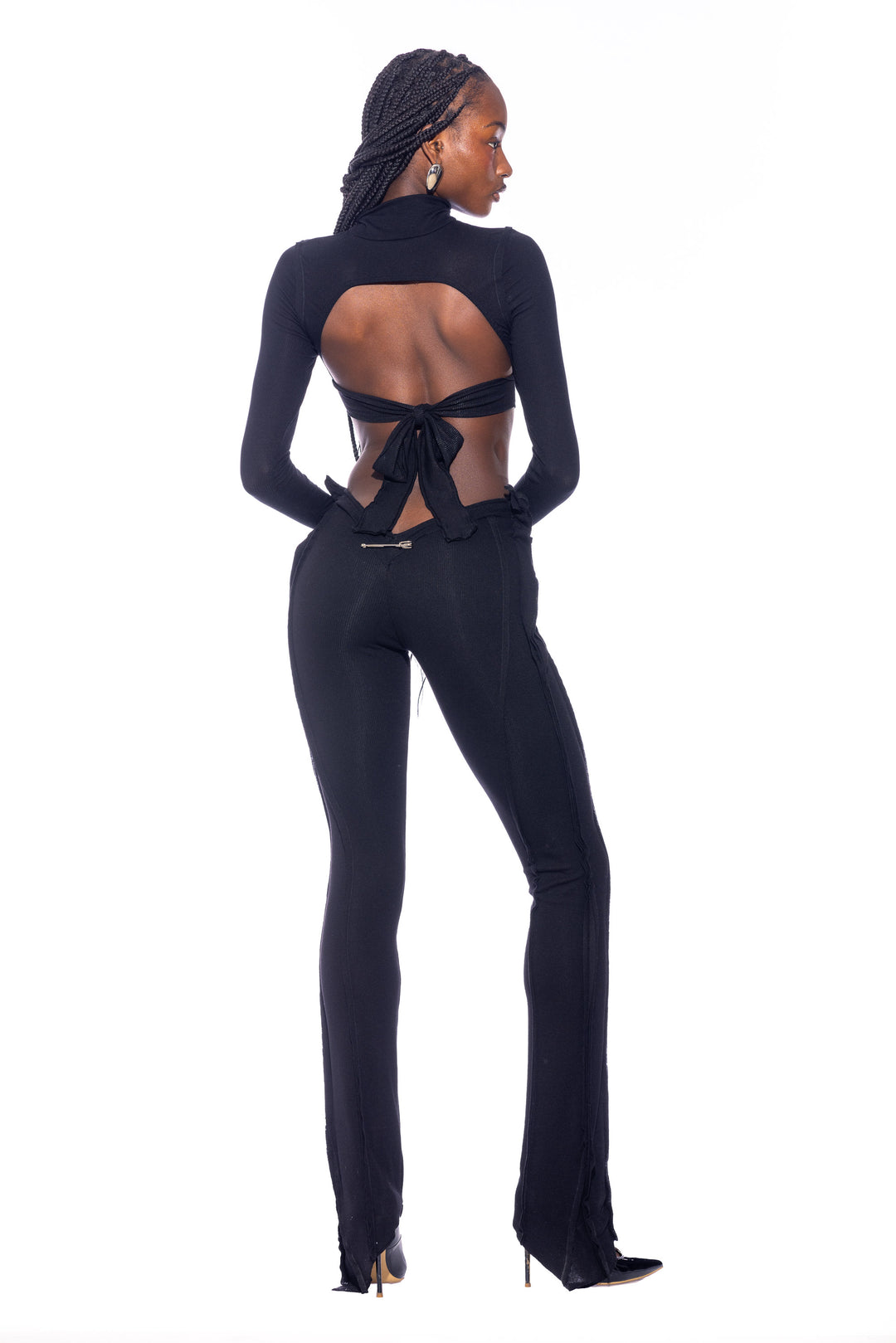 DOUBLE V OPEN SEAM PANTS IN BLACK RIB