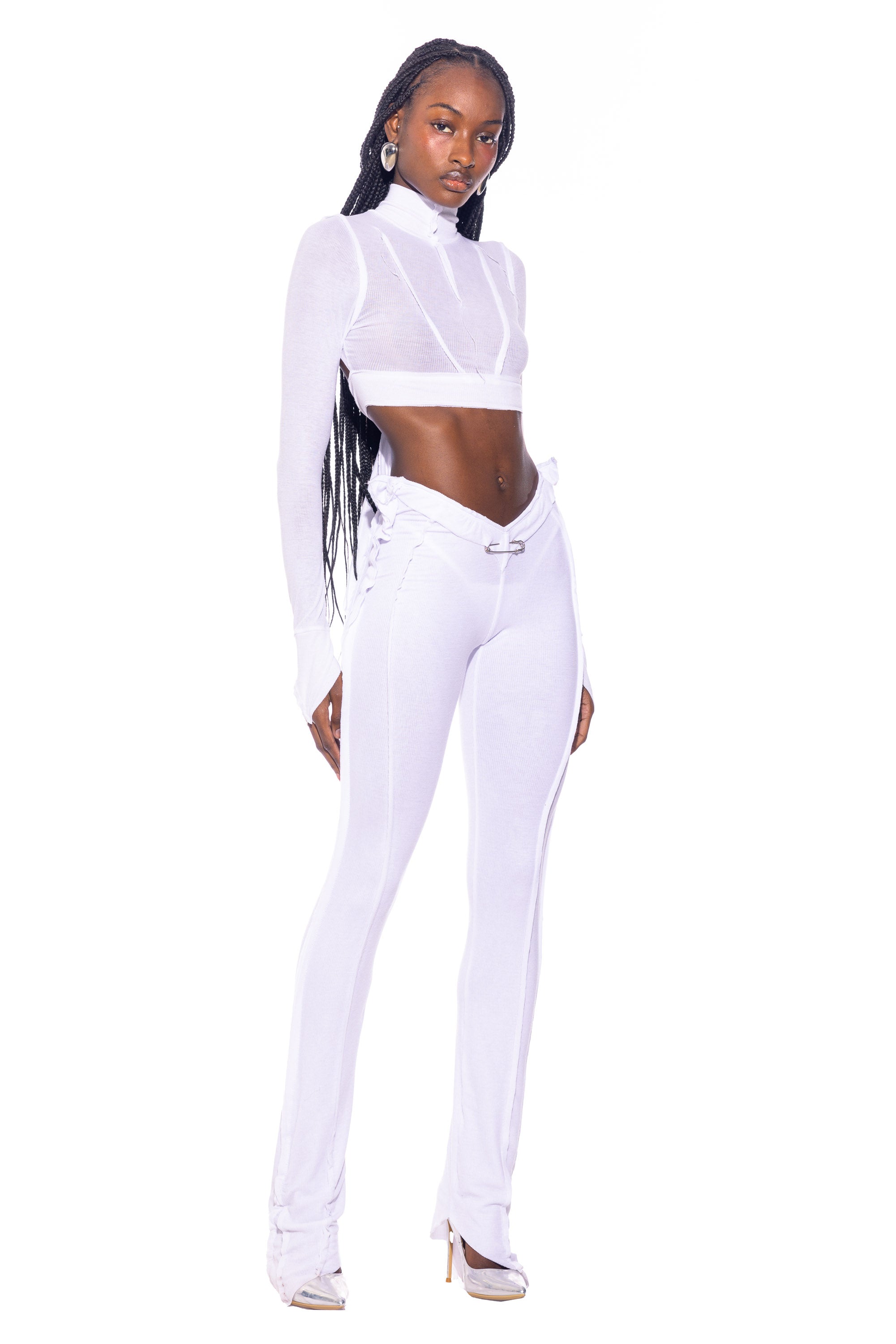Sami Miro Vintage - OPEN SEAM HIGH NECK CROP TOP IN WHITE RIB
