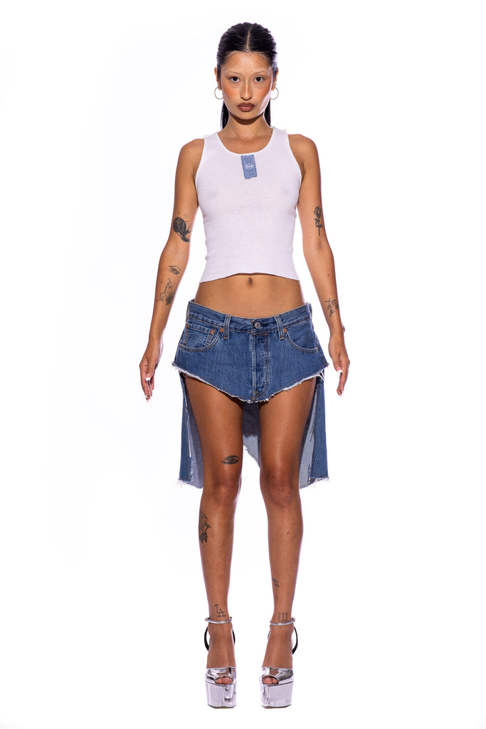 【U LAN】Mono Vintage Denim Mini Skirt Sami Miro Vintage - HI LOW SKIRT IN VINTAGE BLUE DENIM