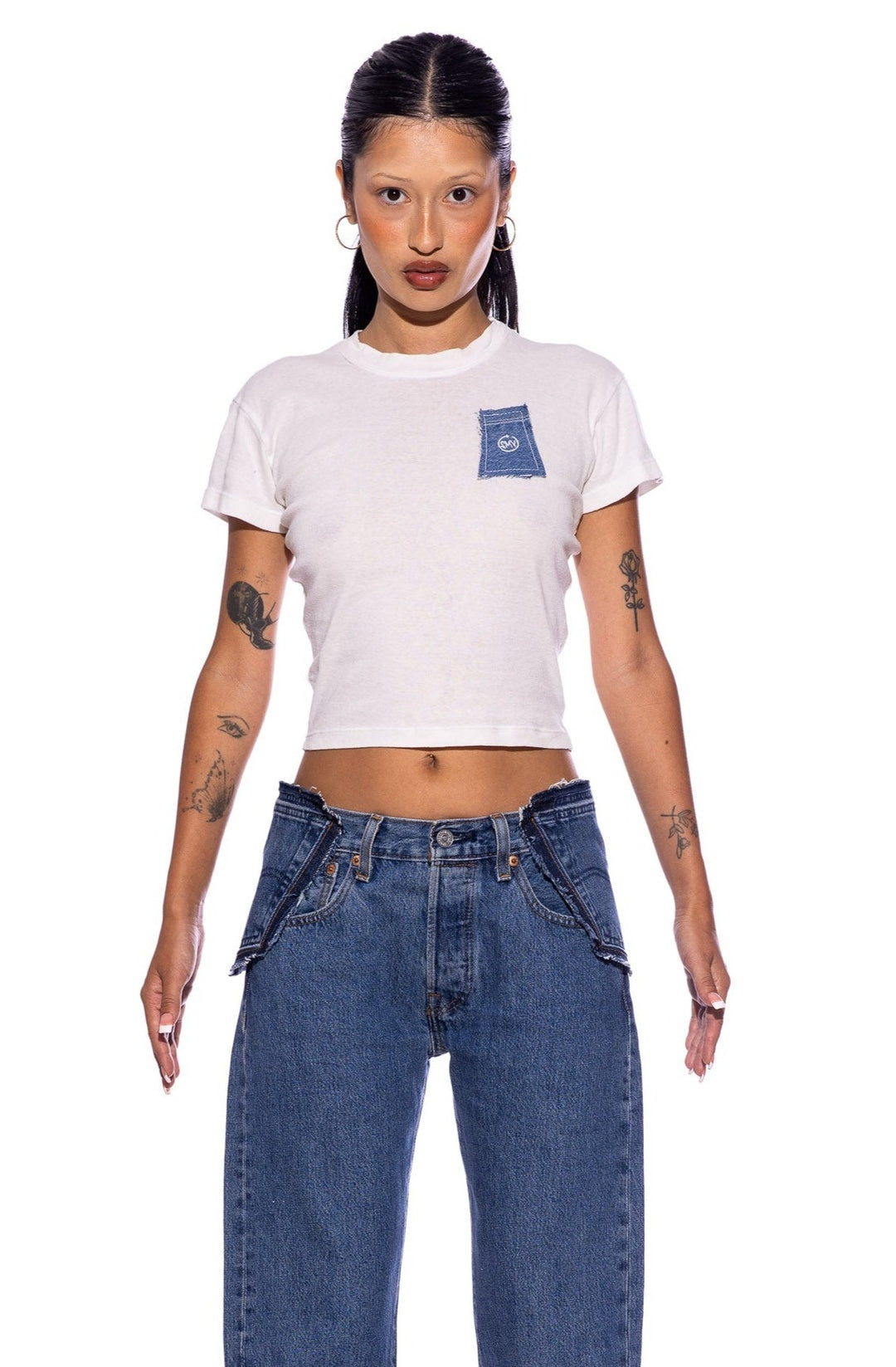 BLUE DENIM SCRAP MINI TEE IN WHITE