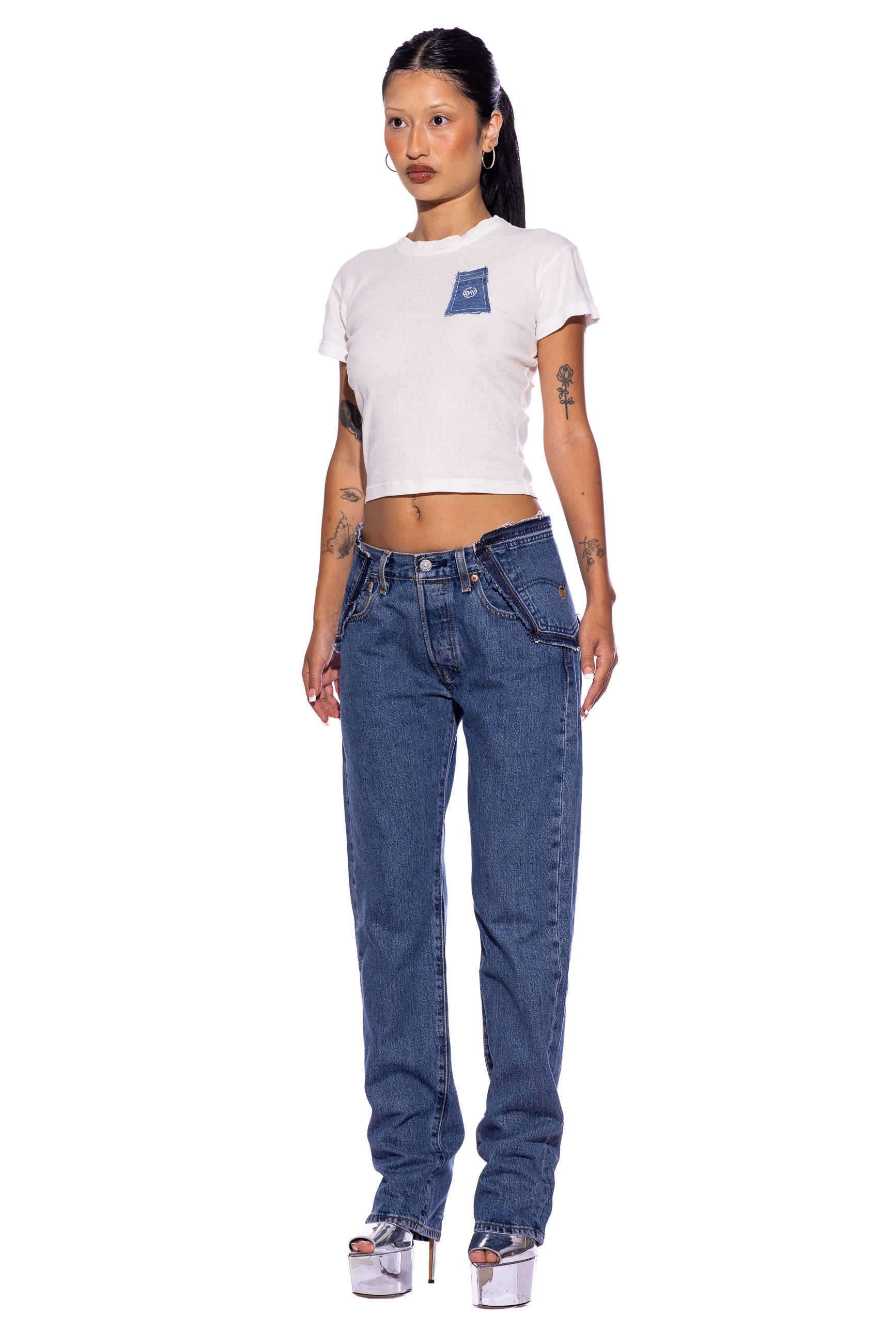 Sami Miro Vintage - BLUE DENIM SCRAP MINI TEE IN WHITE – SAMI MIRO