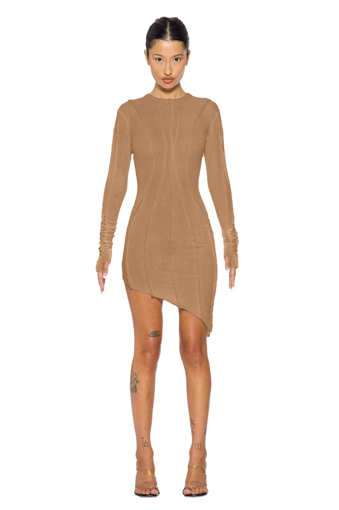 ASYMMETRIC LONG SLEEVE MINI DRESS IN CLAY RIB