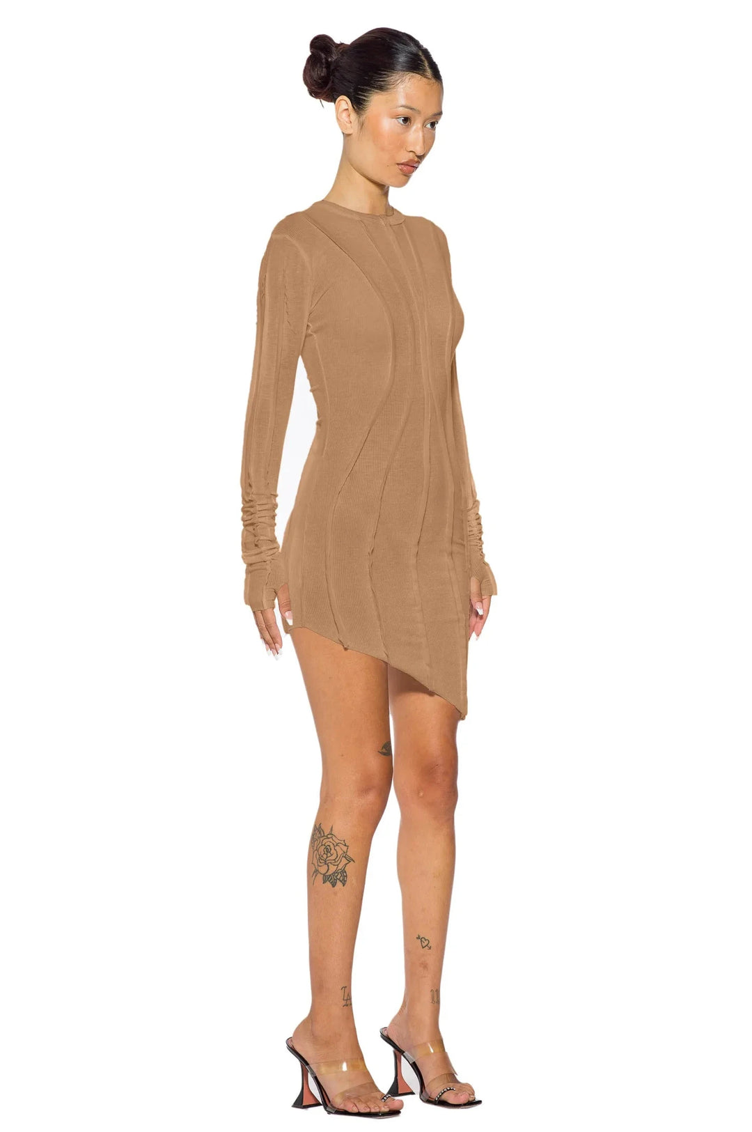ASYMMETRIC LONG SLEEVE MINI DRESS IN CLAY RIB