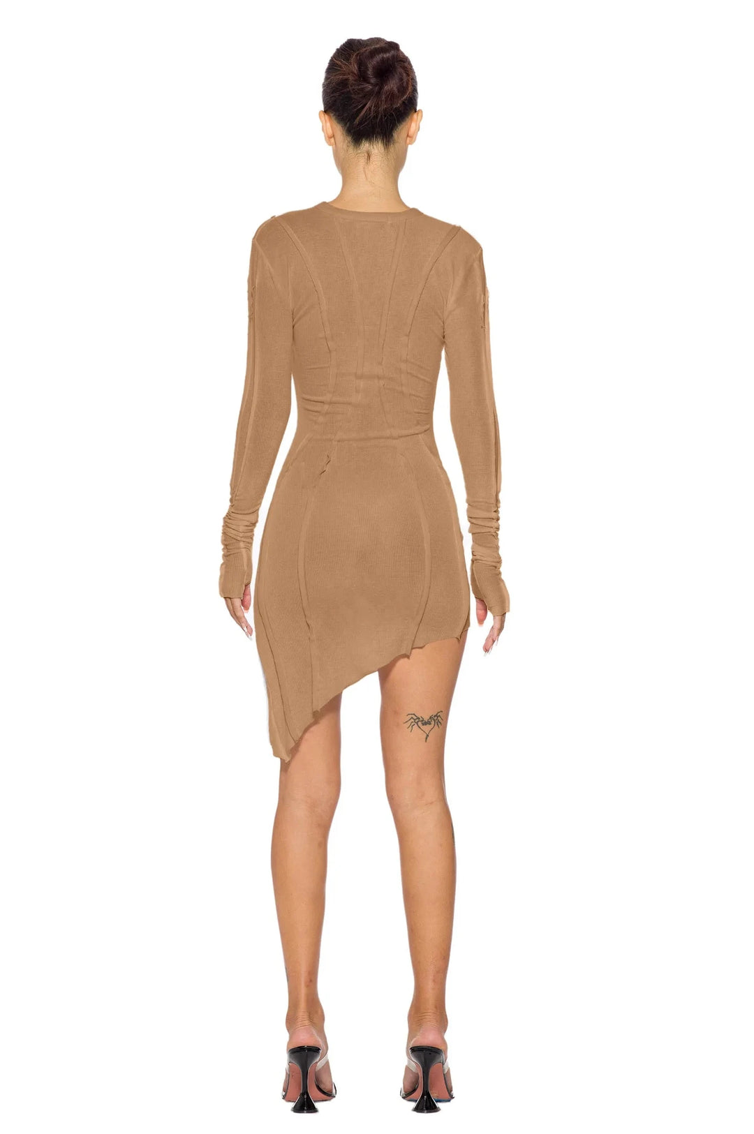 ASYMMETRIC LONG SLEEVE MINI DRESS IN CLAY RIB