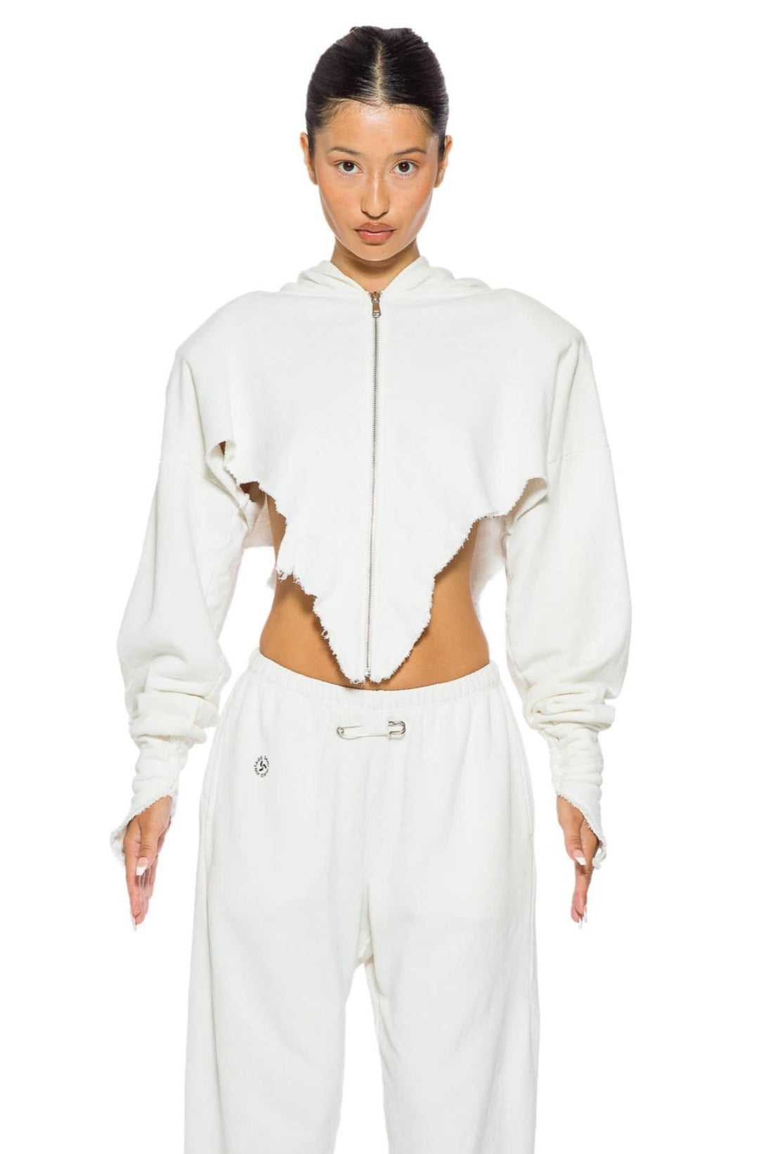 V CUT ZIP-UP HOODIE IN WHITE TERRY