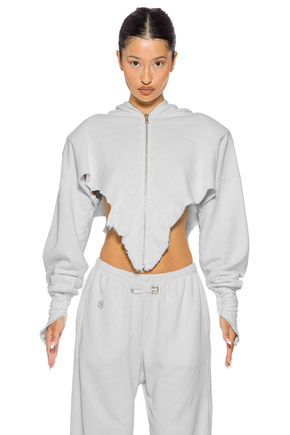 V CUT ZIP-UP HOODIE IN FOG TERRY