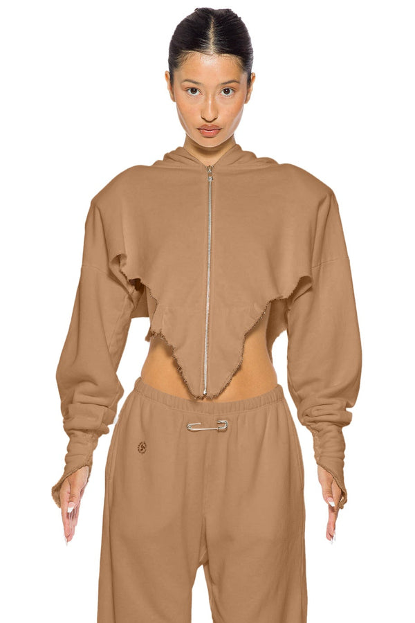 V CUT ZIP-UP HOODIE IN CLAY TERRY