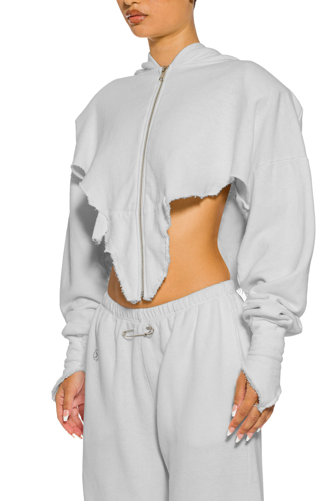 V CUT ZIP-UP HOODIE IN FOG TERRY