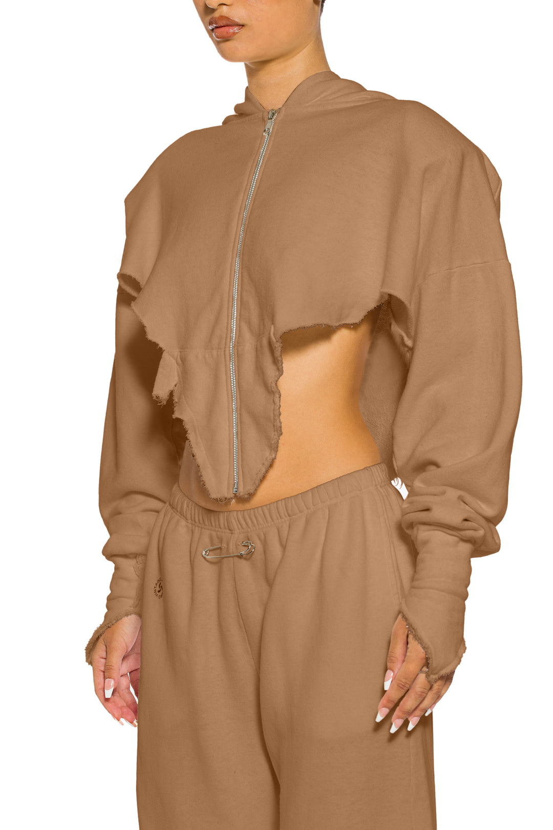 V CUT ZIP-UP HOODIE IN CLAY TERRY