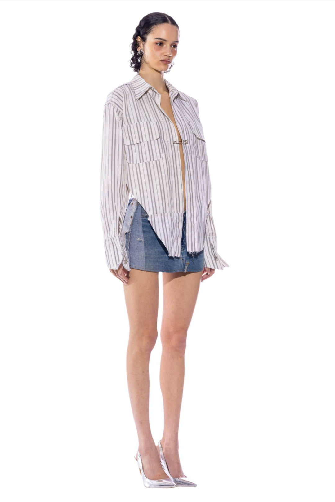 V CUT SAFETY PIN BLOUSE IN WHITE PIN STRIPE SHIRTING