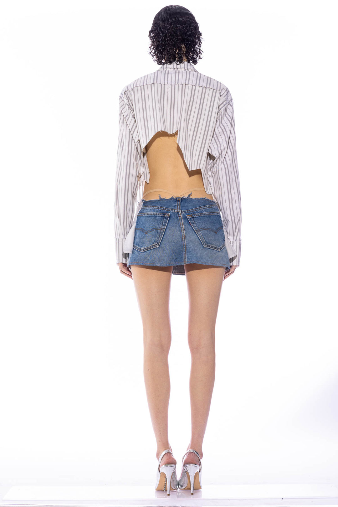 V CUT SAFETY PIN BLOUSE IN WHITE PIN STRIPE SHIRTING