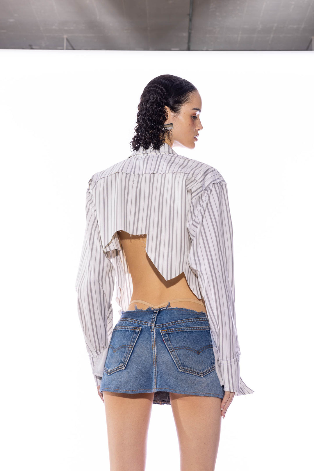 V CUT SAFETY PIN BLOUSE IN WHITE PIN STRIPE SHIRTING