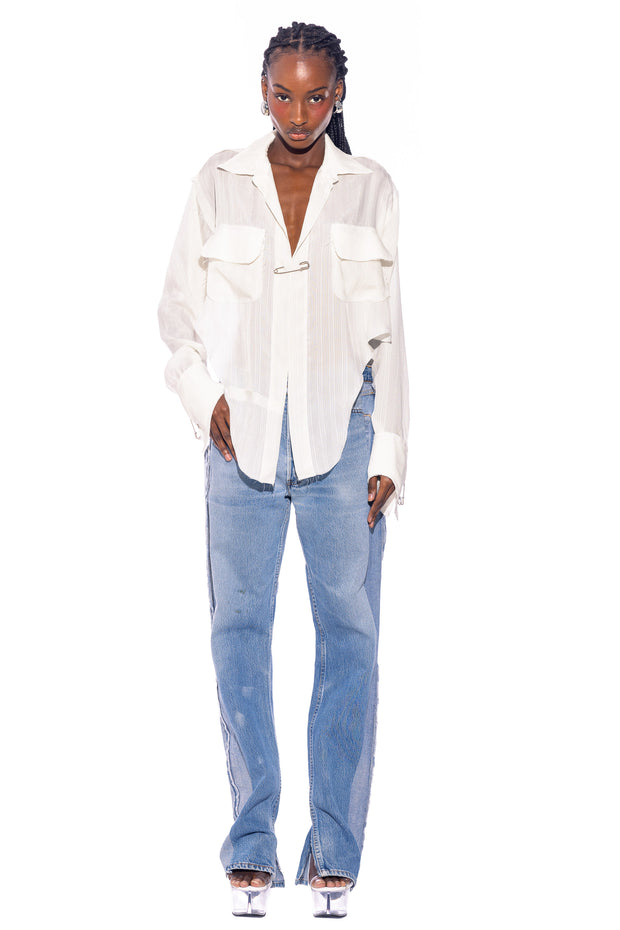 V CUT SAFETY PIN BLOUSE IN WHITE SHIRTING