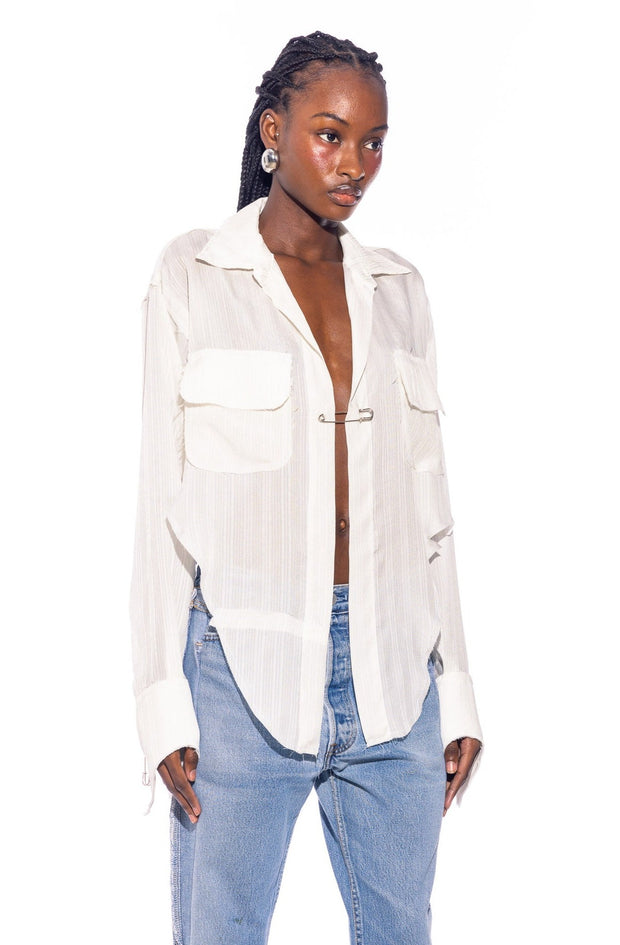 V CUT SAFETY PIN BLOUSE IN WHITE SHIRTING