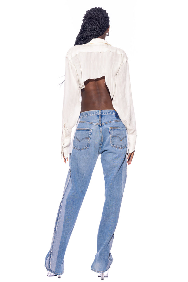 V CUT SAFETY PIN BLOUSE IN WHITE SHIRTING