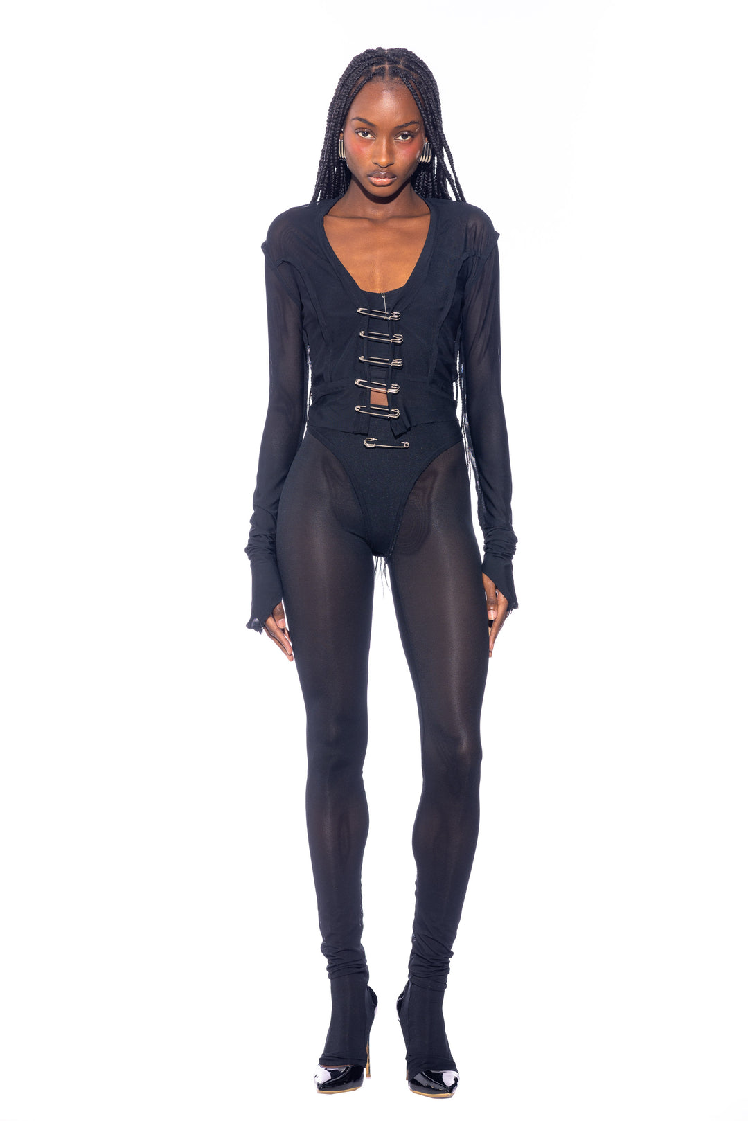 SAFETY PIN CARDIGAN IN BLACK ECO MESH