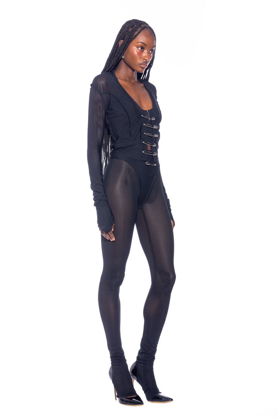 SAFETY PIN CARDIGAN IN BLACK ECO MESH