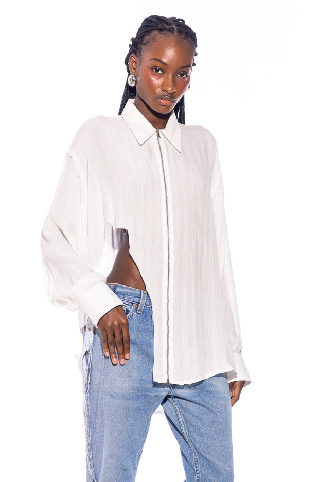 RAW ZIP-UP COLLARED SHIRT IN WHITE SHIRTING