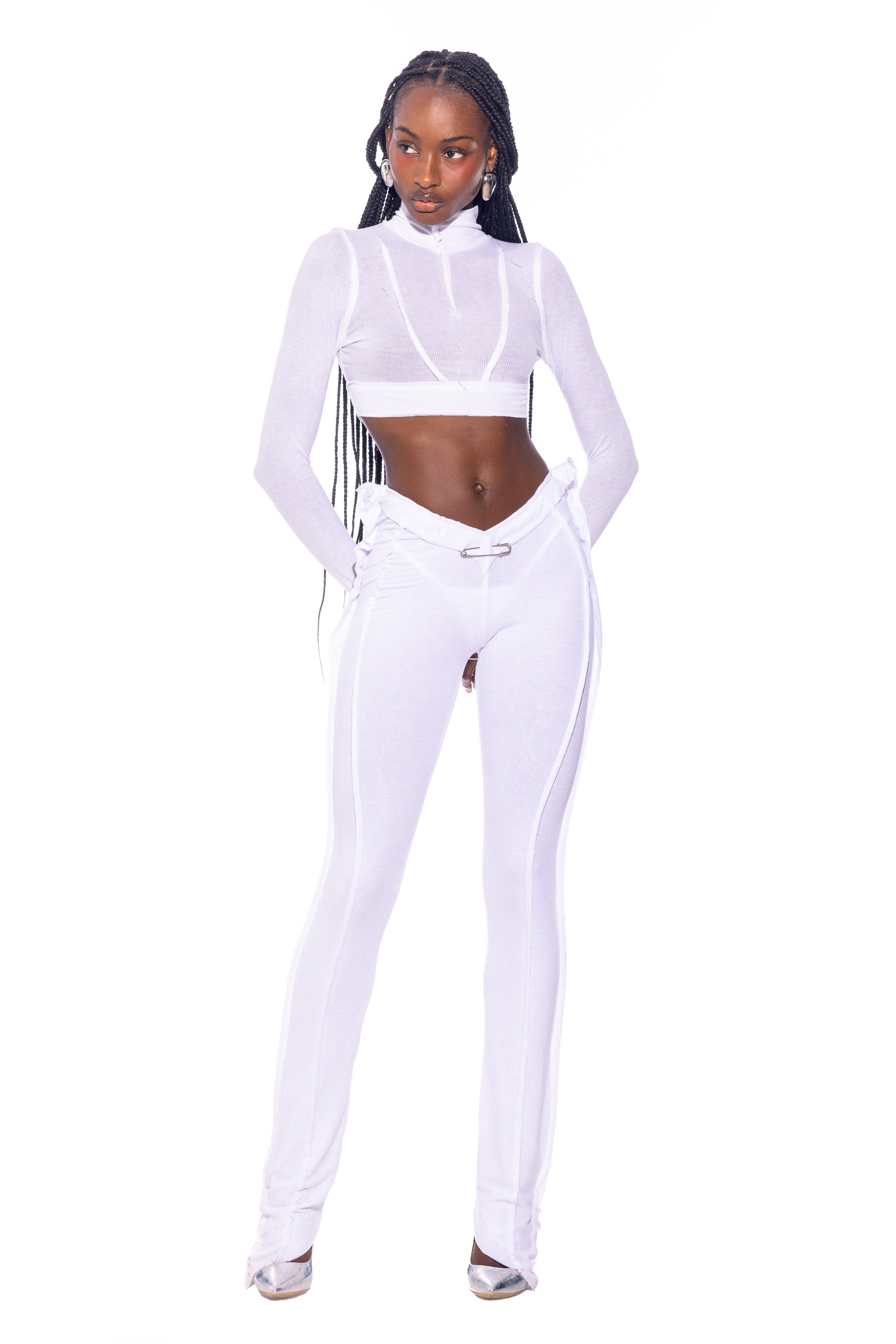 Sami Miro Vintage - OPEN SEAM HIGH NECK CROP TOP IN WHITE RIB