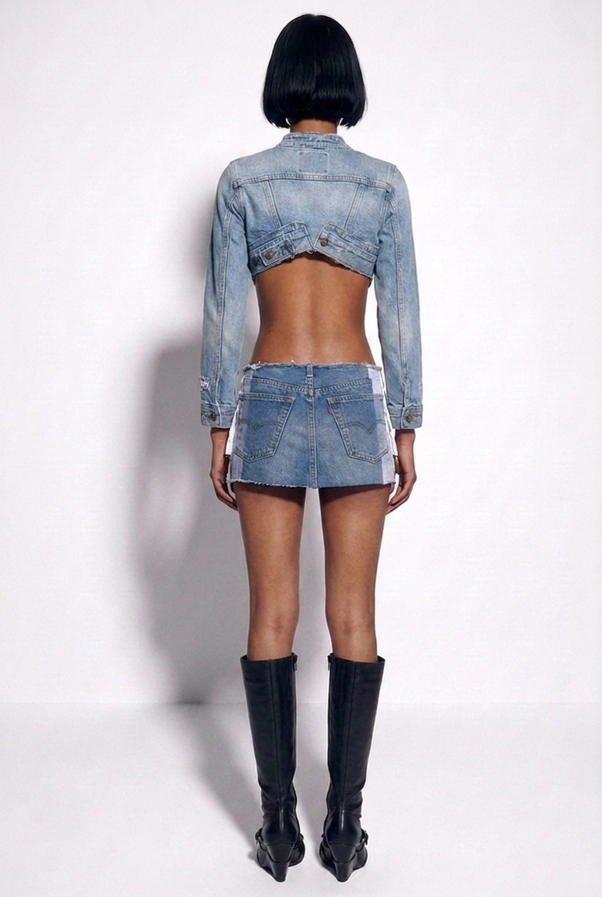 PORTERHOUSE RAW WAIST MINI SKIRT IN VINTAGE BLUE